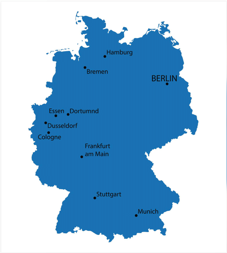 Deutschlandkarte mit Städten wie Berlin, Hamburg, München, Frankfurt – unsere Online-Buchhandlung liefert bundesweit